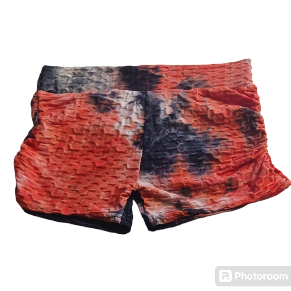 EMME JORDAN Butt-Sculpting Orange & Black Tie-Dye Yoga, workout shorts. SIZE L